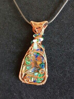 Azurite copper composite wire wrapped necklace with Ethiopian opal beads new